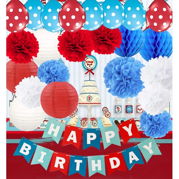 Qian's Party Dr. Seuss Cat in the Hat Birthday Party Decorations/Dr Seuss Decor Turquoise White Red HAPPY BIRTHDAY BANNER Airplane Birthday Decorations Red Blue Balloons