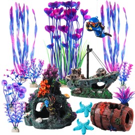 Zeyune 15 Pcs Fish Tank Decorations Mountain Ornament Broken Barrel Sunken Ship Artificial Seaweed Water Plants Colorful Coral Reef for Fish Bowl Aquarium Decor(Purple)
