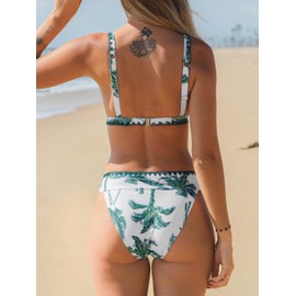 CUPSHE Women Swimsuit Bikini Set Triangle Cheeky Tropical Print Shell Stitched Bathing Suit, S