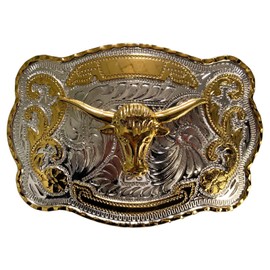 Classic Golden Floral Pattern Silver Bottom Golden Long Horn Bull Western Cowboy Fashion Belt Buckle Motorcycle Rider Street Punk Style Men's Western Belt Buckle