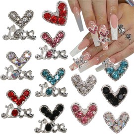 12Pcs Silver Heart Nail Charms 3D Alloy Valentines Nail Art Charms Colorful Hearts Nail Rhinestones with Love Letter Design Nail Gems Jewelry Charms for Women Wedding Nail Decoration Supplies