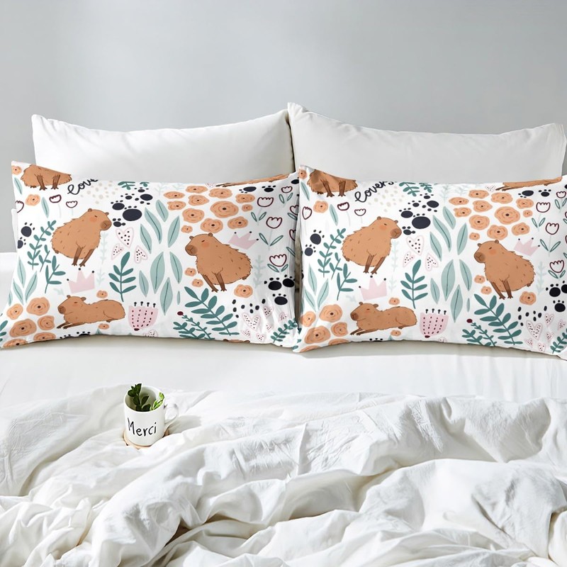 Capybara Bedding Set - Full Size, Cute Capybara & Flowers