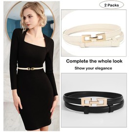 Doneboo Pack of 2 Skinny Belts, Slim Waist Belt for Women, Adjustable Thin Belt, Leather Belt with Gold Metal Buckle for Dress, Beige and black