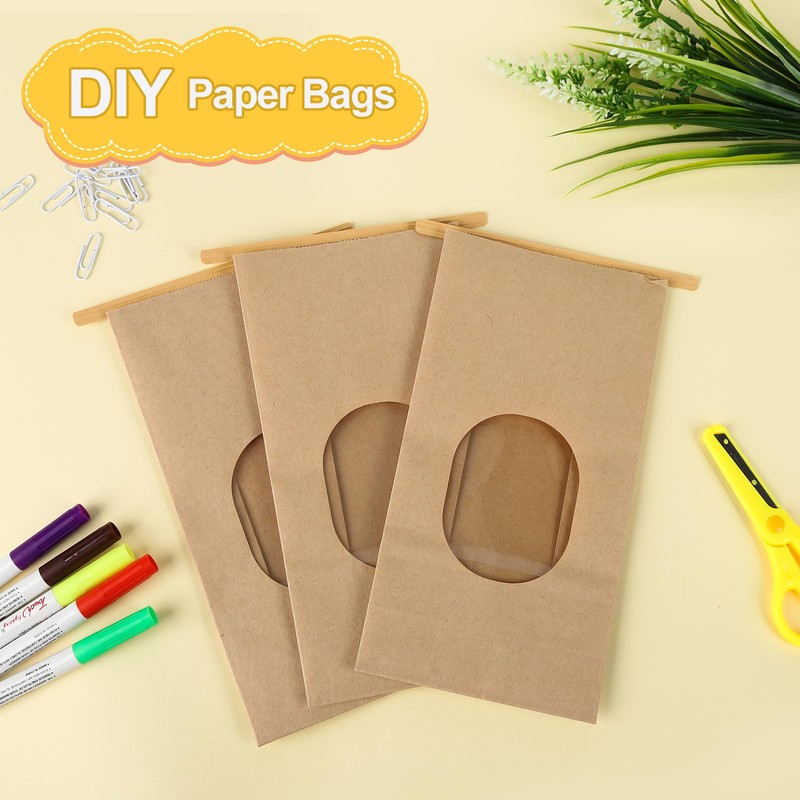 Bakery Bags with Window, 100Pcs, 5.1x2.75x9.6 in, Kraft Paper, Reusable