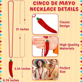 24PCS Cinco de Mayo Necklace Decorations, Fiesta Red Chili Pendant Beads Necklace Bulk, Metallic Mexican Party Decor Beads, Fiesta Cactus Pinata Maracas Accessories for Cinco de Mayo Party Favors