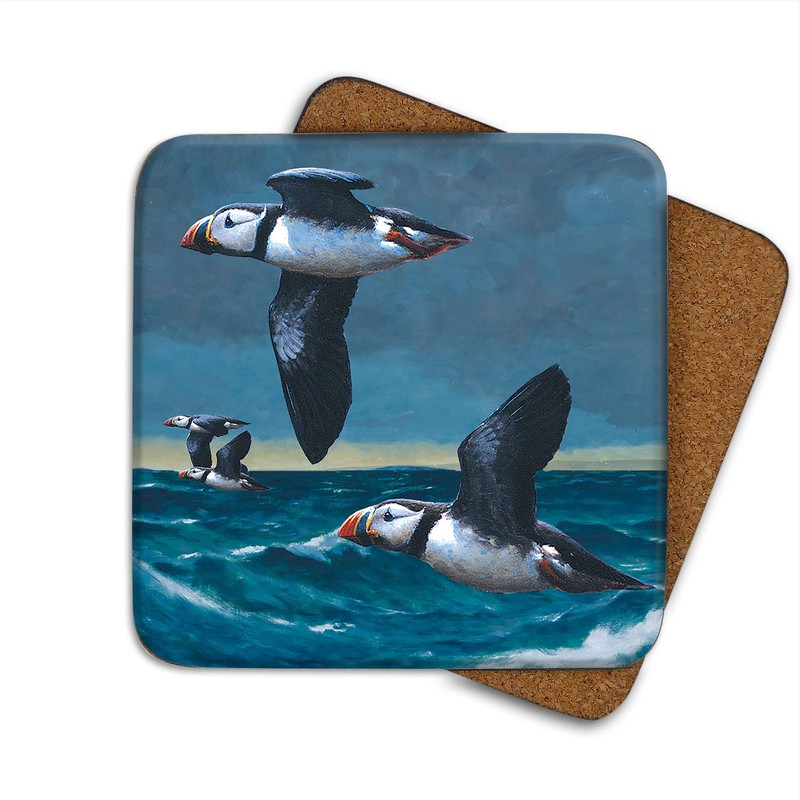 Puffins Flying Drinks Coasters by Wildlife Artist Julian Friers -