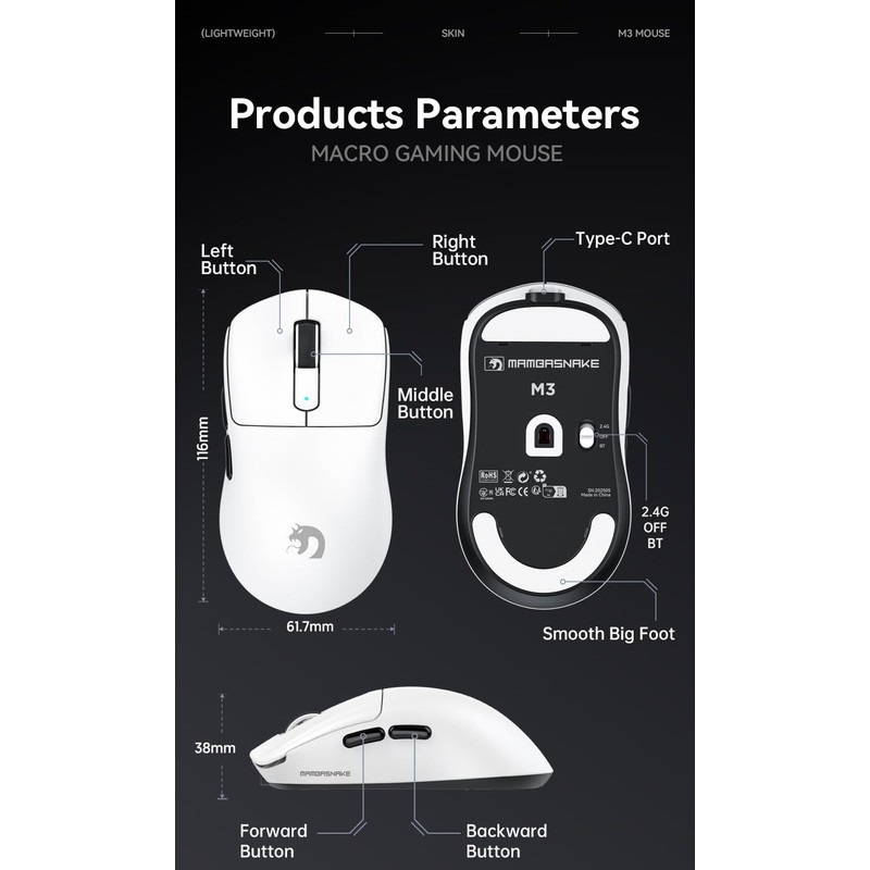 MAMBASNAKE M3 Wireless Gaming Mouse with Lightweight 39g,PixArt PAW3395 PRO