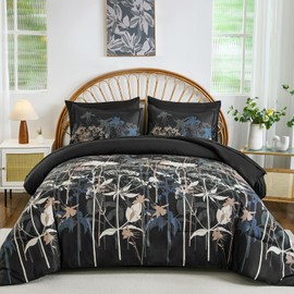Drucon Black Floral Comforter Set King Size, 7 Piece Dandelion Botanical Plant Comforter Bedding Set, Bed in a Bag King, Soft Microfiber Complete Bedding Set with Sheets for All Season
