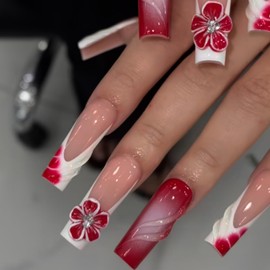 SEENEEY Square Press on Nails Long Fake Nails Red Artificial Nail Press ons with 3D Floral Designs Cute Stick on Nail for Women 24pcs