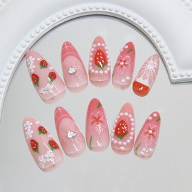 Strawberry Press on Nails Flower Fake Nails Pink False Nail with Ombre Design French Tip Nail Press ons Bow Glue on Nails Glossy Full Cover Acrylic Almond Stick on Nail for Women Manicure 24Pcs