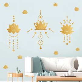 Lotus Flower Wall Decal Gold Wall Stickers Modern Lotus Sticker Yoga Wall Sticker Hinduism Hindu Art Wall Sticker Vinyl Sticker Decal Removable Peel and Stick Wall Decals for Bedroom Living Room Decor
