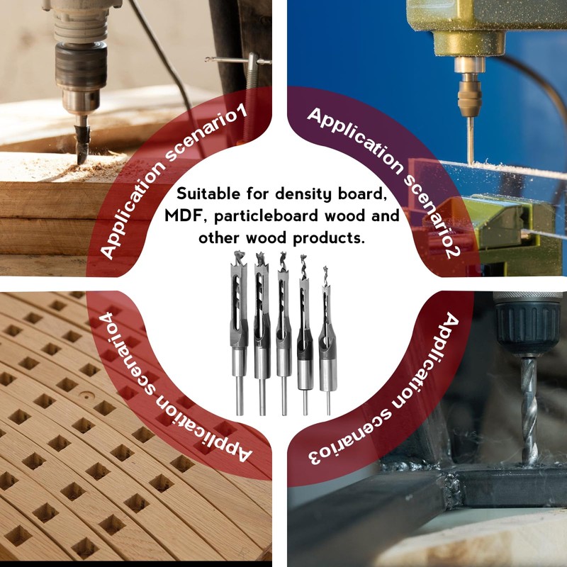 Bordeag 5 Pieces Square Hole Drill Bit Square Mortising Drill