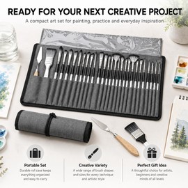 JYN‑ANREN 24Pcs Paint Brush Set, Professional 9 Shapes: Wide Flat, Filbert, Fan, Dagger, Cat Tongue, Round etc, for Acrylic, Oil, Watercolor, Includes Palette Knife & Waterproof Canvas Roll