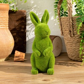 2PCS Easter Rabbit Decoration Green Moss Plush Rabbit Artificial Sculpture Green Plush Rabbit Resin Ornament Spring Garden Decoration Easter Gift Easter Decoration (Large 2PCS Standing+Sitting)