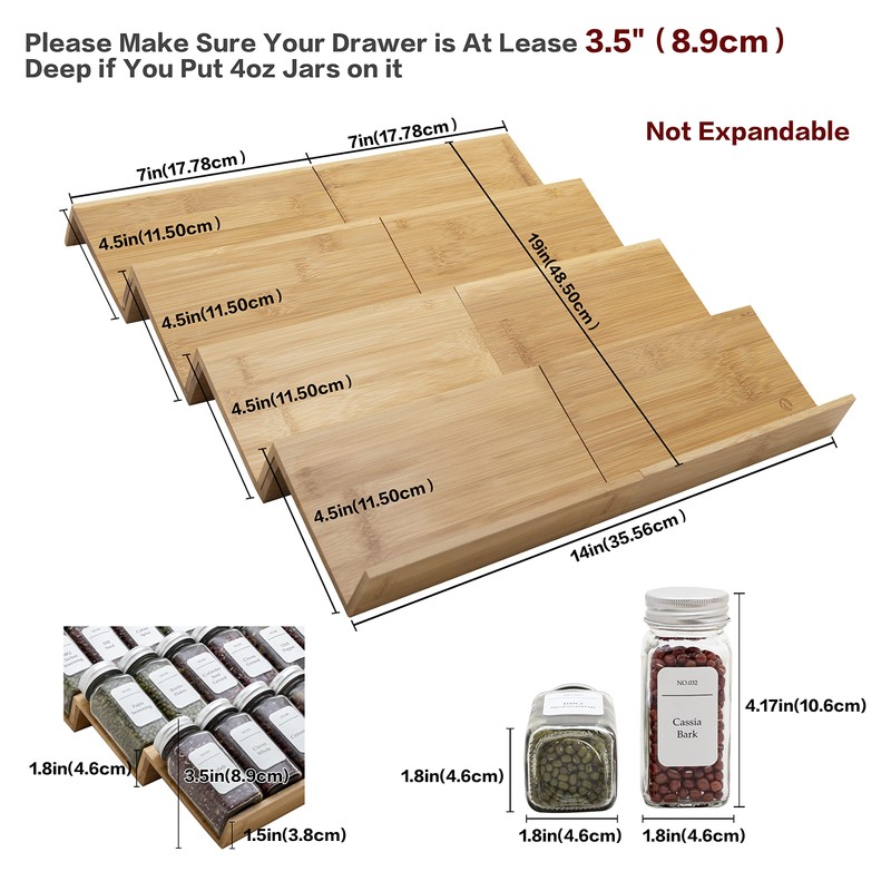 Angimio Bamboo Spice Rack Drawer Organizer - 8 Pieces Set-