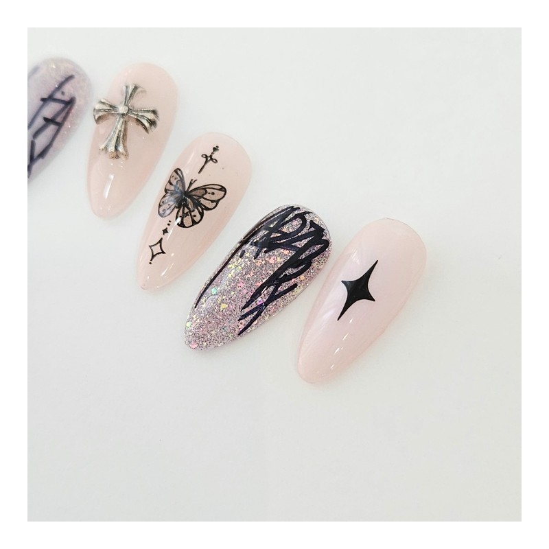 Drawing Cross Handmade Nail Tips Unique Design - Coffin Long