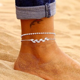 YADOCA Ankle Bracelets for Women, 925 Sterling Silver Women's Anklets Adjustable Layered Waterproof Silver Anklets for Women Girls, Leaf