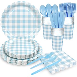Houuqe 200 Pcs Gingham Party Supplies Blue Gingham Paper Plates and Napkins Set Disposable blue and White plaid Scalloped Paper Plates Checkered Dinner Party Set Cutlery for Baby Shower Wedding BBQ