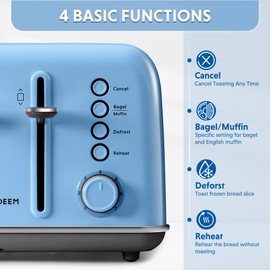 BUYDEEM DT640 4-Slice Toaster, Extra Wide Slots, Retro Stainless Steel with High Lift Lever, Bagel and Muffin Function, Removal Crumb Tray, 7-Shade Settings,Blue
