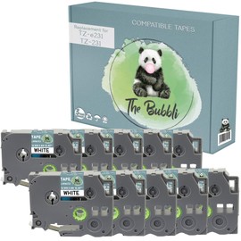 The Bubbli Original TZe-231 TZ-231 Black on White Compatible Label Tape for Brother P-Touch PT-1000 PT-H100 PT-D210VP PT-D400 PT-D600VP PT-P700 PT-P750W Cube (12 mm x 8 m, Pack of 10)
