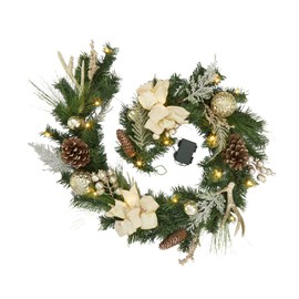 6ft Gold Christmas Garland with Lights, Lighted Xmas Garland with Stars, Flower, Berry Branches, Pre-Lit Christmas Garland Decorations for Indoor Outdoor Mantal Fireplace Banister Porch Decor