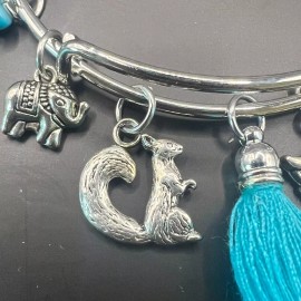 Alex and Ani Silver Bangle Bracelet Elephant Owl Chipmunk Charms Adjustable Blue