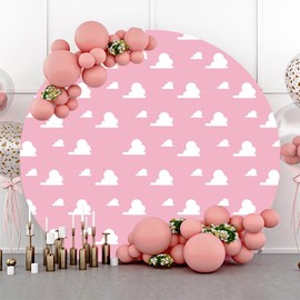 Renaiss 7.2x7.2ft Pink Sky White Cloud Round Backdrop Cover Girl Story Cartoon Toy Theme Circle Photography Background Kids Hero Newborn Welcome Baby Shower Birthday Party Decor Arch Photo Booth Props