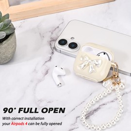 DiyGody Elegant Case Compatible with Airpods 4th Generation 2024 with Key Ring, Ultra Thin TPU Protective Case with White Bow Tie Pattern, Shockproof, Non-Slip, Anti-Dust, No Odour Headphone Case