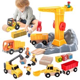 RoserRose Construction Site Vehicles Children's Crane Toy, Construction Vehicles Children's Wooden Toy with Tower Crane Excavator Crane Truck Dump Truck Road Roller, Gift for Boys from 3 4 5 6 Years