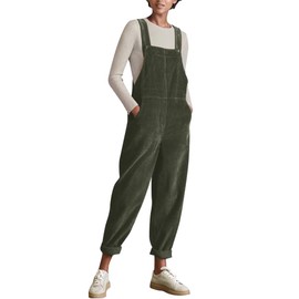 Odizli Women's Autumn Corduroy Dungarees Loose Fit Long Overall with Pockets, Green