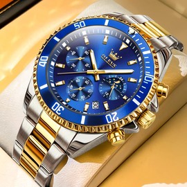 OLEVS Watches for Men Business Dress Big Face Classic Analog Quartz Blue Chronograph Multifunction Stainless Steel Calendar Waterproof Luminous Mens Wrist Watches