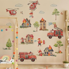 WandSticker4U® - Wall Sticker Fire Brigade Children's Room XXL (103 x 98 cm) I Wall Sticker Fire Brigade Children with Cute Animals Forest Fire Vehicles I Wall Sticker Baby Room Nursery Decoration Boy