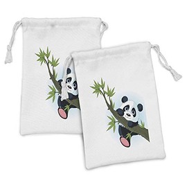 Lunarable Panda Fabric Pouch Set of 2, Panda Climbing on a Tree Springtime Jungle Wildlife Nature Home, Small Drawstring Bag for Toiletries Masks and Favors, 9" x 6", Green Black White