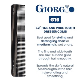 Giorgio G16 Fine Tooth and Wide Tooth Detangler Comb - Hair Comb for Men and for Women - Ideal as a Hair Styling Barber Comb and Detangler - Saw Cut and Handmade (Black Graphite)
