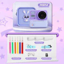Kids Camera Instant Print with Silicone Cover, Dual Front and Rear Digital Camera Toy for Toddler, Birthday for Boy Girl 3 4 5 6 7 8 9 10 11 12 Years Old (Purple)