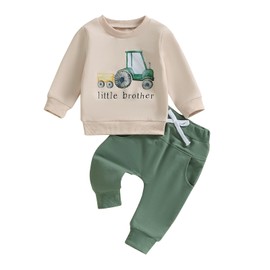 Vioyavo Toddler Kid Boy 2Pcs Clothes Tractor Print Brother Outfit Long Sleeve Sweatshirt Elastic Waist Long Pants Set Spring Fall (Apricot, 0-6 Months)