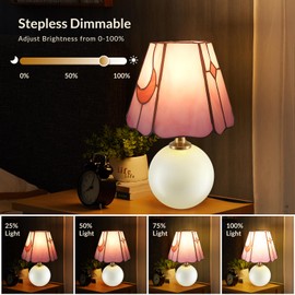 Ruhaieba Tiffany Style Mushroom Lamp Stained Glass Bedside Table Lamp-Nightstand Pink Blue Glass Moon Nightlight for Bedroom Dorm Living Kitchen, Study Living Bedroom Gift, Included Bulb (Pink)