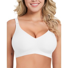 Falorda Wireless Bras for Women No Underwire, Seamless Bras Smooth Soft V Neck Full Coverage Comfort Bra with Extender White