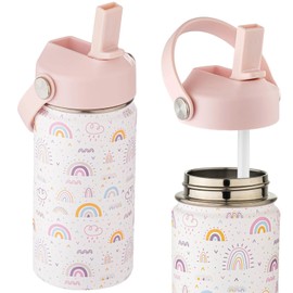 Insulated Water Bottle for KIds with Straw-12oz, Stainless Steel Water Bottle, Double Walled Thermal Cup with Handle Lid, Leakproof Wide Mouth Reusable Sports Bottle-White Rainbow S