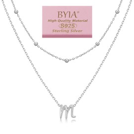 BYIA Sterling Silver Layered Initial Necklaces For Women Trendy 18K Gold Plated Distinct Initial Pendant Necklace Silver Delicate Beaded Necklace Jewelry Silver M