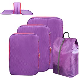 4 PCS Compression Packing Cubes Set Waterproof Travel Packing Organizers 3 Cubes 1 Shoes Bag for Luggage and Carry On Bags(Purple)