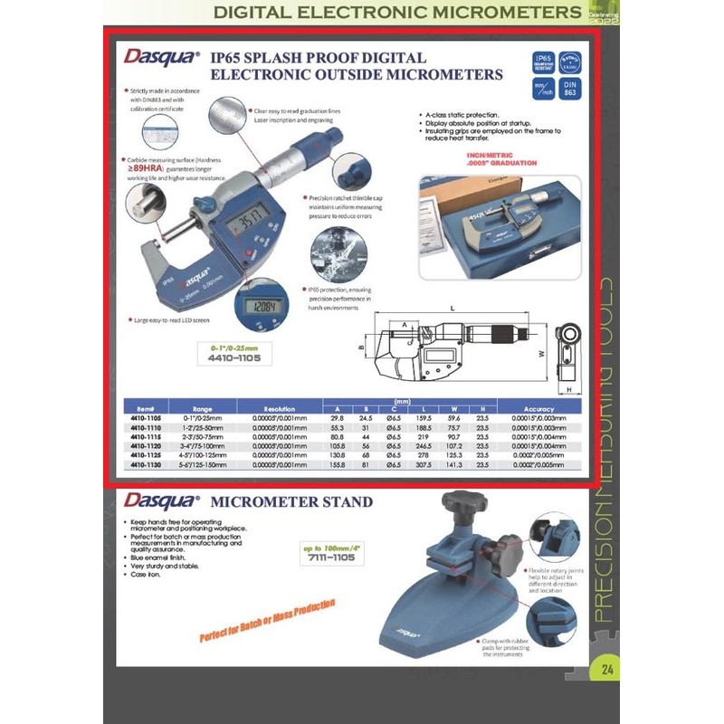 Dasqua 4410-1115 50-75Mm/2-3" Ip65 Digital Outside Micrometer