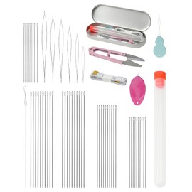 FIVEIZERO 60 Pieces Beading Needle Set, 5 Sizes Species Big Eye Beading Needles (with Threader) Needle Bottle, Yarn, Embroidery Needle, Thimble Foldable Beading Needle Set for Jewelry Making