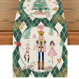 Artoid Mode Green Diamond Plaid Nutcracker Snowflake Christmas Table Runner, Seasonal Winter Kitchen Dining Table Decoration for Home Party Decor 13x72 Inch