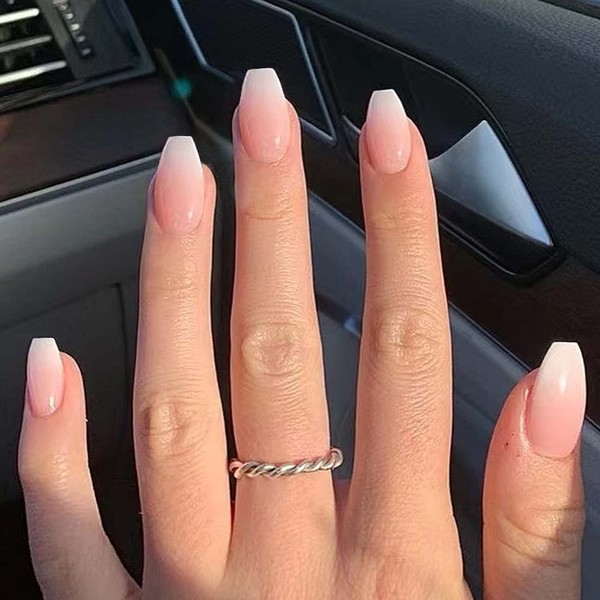 Gradient Pink Glue on Nails Square,KXAMELIE Fake Nails Square Press