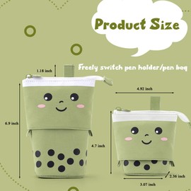 Milktea Cute Standing Pencil Case for Kids, Pop Up Pencil Box Makeup Pouch, Stand UP Bubble Tea Pen Holder Organizer Cosmetics Bag, Kawaii Stationary (Green)