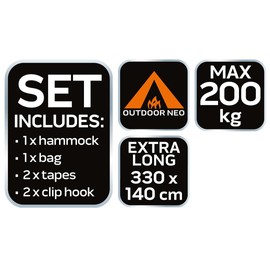 NEO TOOLS Hammock Size 330 x 140 cm, Load Capacity 200 kg, Material 210T Nylon, Includes Hammock, Straps for Hammocks Pack of 2, Carabiner Pack of 2. Carry Bag, Green Colour