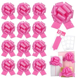 12 pcs Rose Pink Pull Bow Large Glitter Gift Wrapping Bow 6inchs Metallic Bling Ribbon Adhesive Gift Bows for Baskets Wedding Present Warp Christmas Treats Valentine Easter Party (Rose Pink-I)