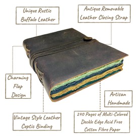 Vintage Leather Journal for Women & Men, Leather Bound Junk Journal Scrapbook, 240 Pages Colored Deckle Edge Paper, Rustic Travel Journal, Antique Old Fantasy Notebook (Rustic Brown, 7"x5")