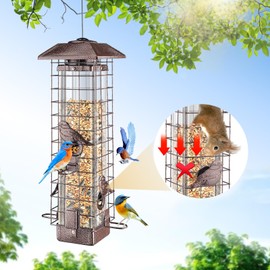 Metal Mesh Squirrel Proof Bird Feeders, Wild Bird Feeders for Outdoors Hanging, Gravity Protection Garden Bird Feeders, 3lb Birdseed Capacity, 4 Ports, BRONZE